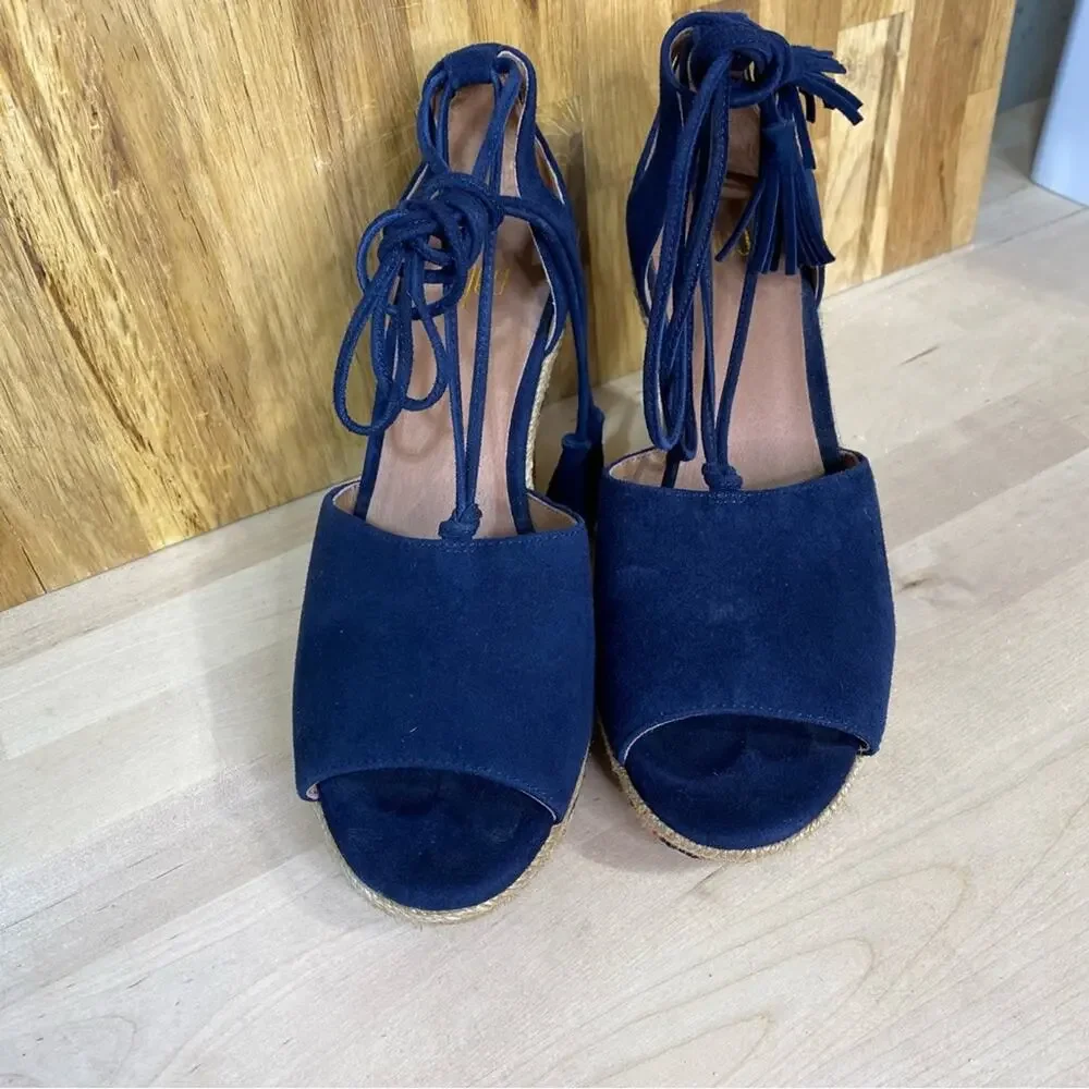 Cabi Isla Espadrille Wedge Sandals Ankle Wrap Navy Suede 6